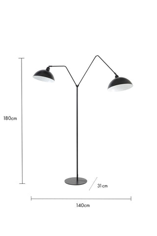 Cutout image of the Matt Black Double Floor Lamp on a white background with dimension details. 