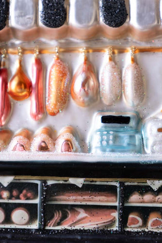 Close-up image of the Meat Trader Glass Christmas Tree Decoration