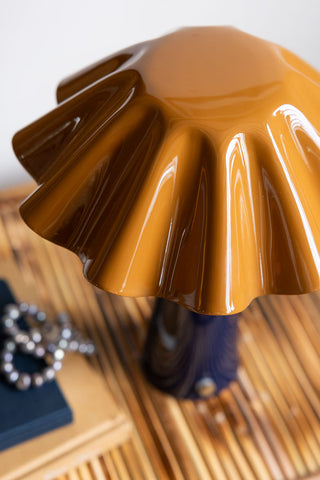 Close-up image of the Metal Fluted Tan & Navy Rechargeable Table Lamp