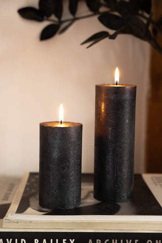 Image of the Metallic Anthracite Shimmer Pillar Candle - Medium lit