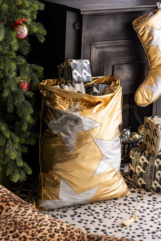 Detail image of the Metallic Gold & Silver Star Christmas Sack