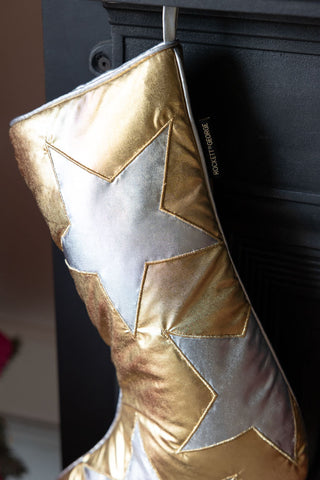 Close-up image of the Metallic Gold & Silver Star Christmas Stocking