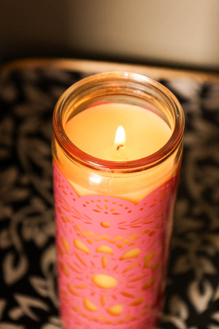 Detail image of Mexican Folk Art Inspired Candle in Pink