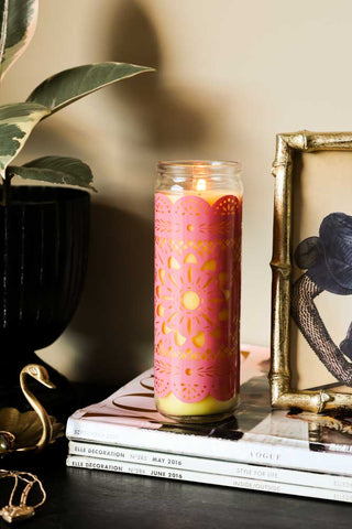 Lifestyle image of the Mexican Folk Art Inspired Candle in Pink