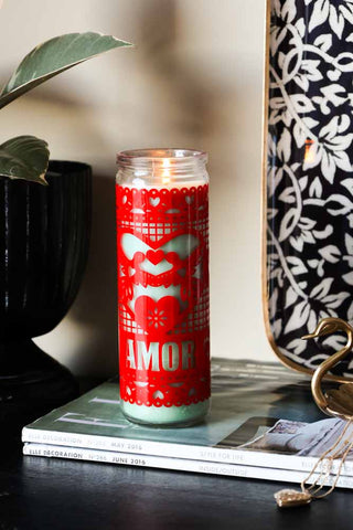 Lifestyle image of the Mexican Folk Art Candle in Red Lifestyle