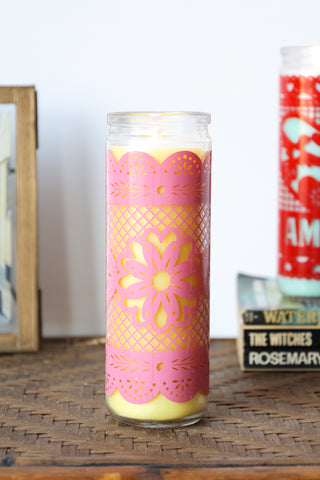 Lifestyle image of the Mexican Folk Art Inspired Candle in Pink