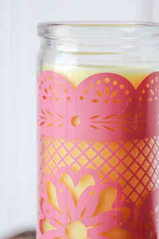 Close-up image of the Mexican Folk Art Inspired Candle in Pink