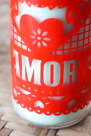 Close-up image of the Mexican Folk Art Candle in Red