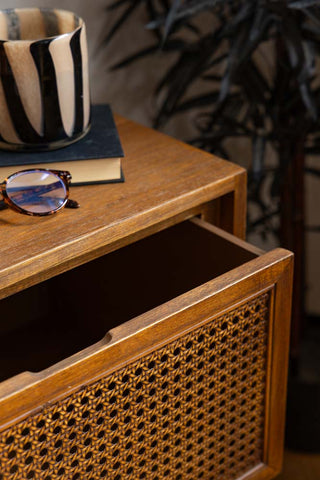 Close-up image of the Mid-Century Rattan Bedside Table