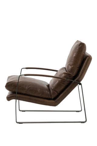 The Minimalist Brown Leather Lounge Chair seen from the side on a white background.