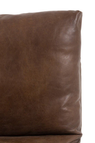 Close-up of the back of the Minimalist Brown Leather Lounge Chair on a white background.