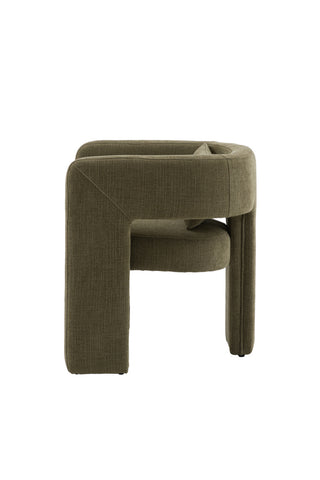 The Modern Green Accent Chair with Bolster Cushion seen from the side, on a white background.