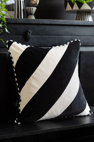 Image of the Monochrome Diagonal Stripe Velvet Cushion