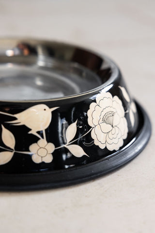 Close-up image of the Monochrome Floral Stainless Steel Dog Bowl