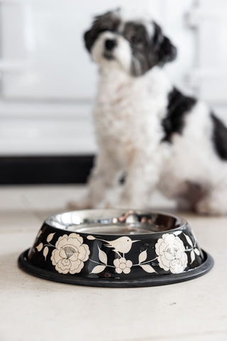 Detail image of the Monochrome Floral Stainless Steel Dog Bowl