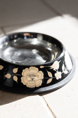 Image of the pattern on the Monochrome Floral Stainless Steel Dog Bowl
