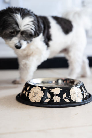 Image of the finish for the Monochrome Floral Stainless Steel Dog Bowl