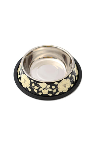 Image of the Monochrome Floral Stainless Steel Dog Bowl on a white background