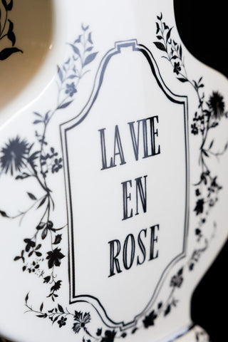 Close-up of the text on the Monochrome La Vie En Rose Vase.