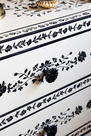 Close-up of the Monochrome Rose Noir Chest Of Drawers.
