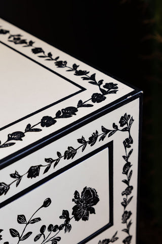 Close-up of the top of the Monochrome Rose Noir Chest Of Drawers.