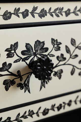 Close-up of the front of the Monochrome Rose Noir Console Table.