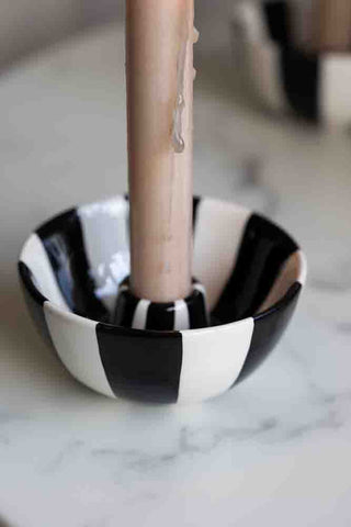 Close-up image of the Black & White Stripe Candlestick Holder