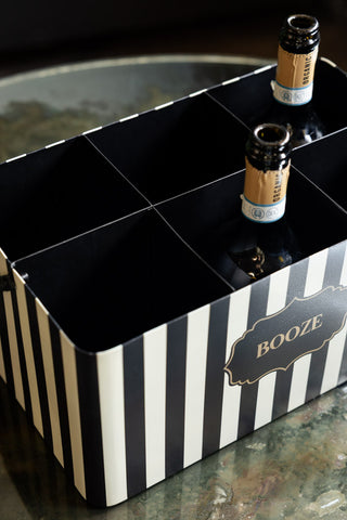 The Monochrome Stripe "Booze" Wine Bottle Carrier seen from above, styled with some bottles inside.