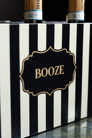 Close-up of the text on the Monochrome Stripe "Booze" Wine Bottle Carrier.