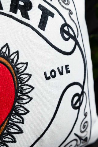 Detail of the edge embroidery and pattern of the My Heart Monochrome Embroidered Cushion. 