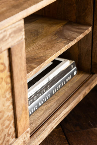 The two middle shelves of the Natural Leopard Print Corner TV Unit.