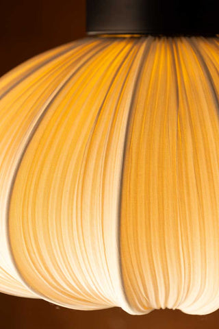 Image of the material for the Neutral Pleated Fabric Flush Ceiling Light with light on detail