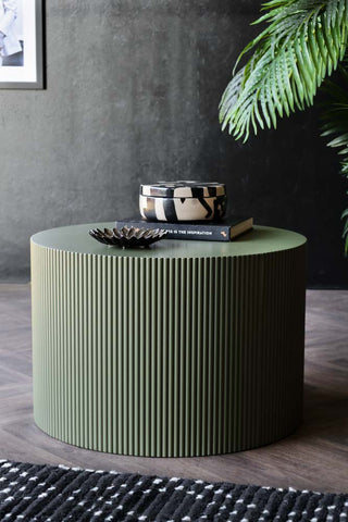 Lifestyle image of the Olive Green Ribbed Coffee Table