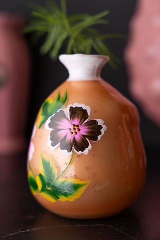 Detail image of the Orange Hand-painted Floral Glass Vase