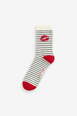 A pair of stripy socks with lips design on a white background.