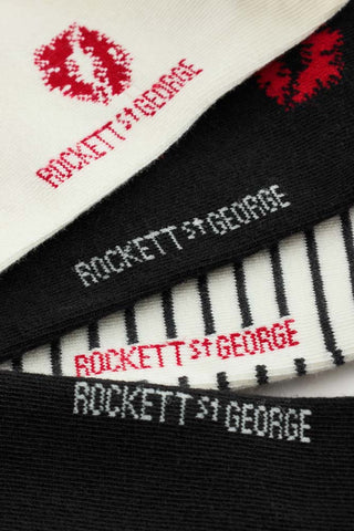 Detail showing the Rockett St George logo printed onto the Pack Of 4 Lips Printed Socks. 