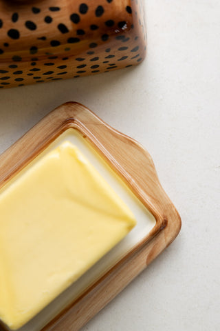 Close-up image of the Painted Leopard Print Butter Dish