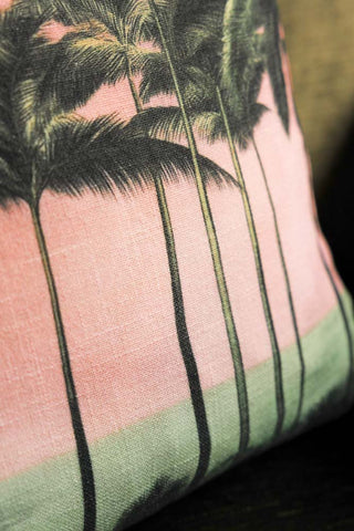 another detail shot of the front pattern of the Palm Paradise Cushion with Piped Edge