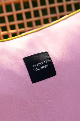 Close-up of the Rockett St George tag on the Palm Springs Outdoor Cushion.