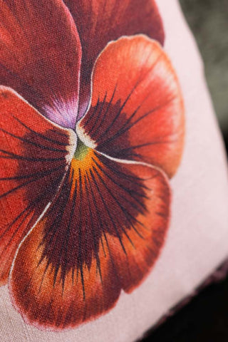 Close up of the flower print on the Beautiful Pansy Flower Cushion