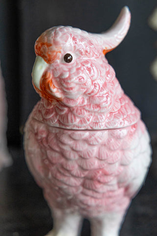 Close-up image of the Pink Cockatoo Storage Jar