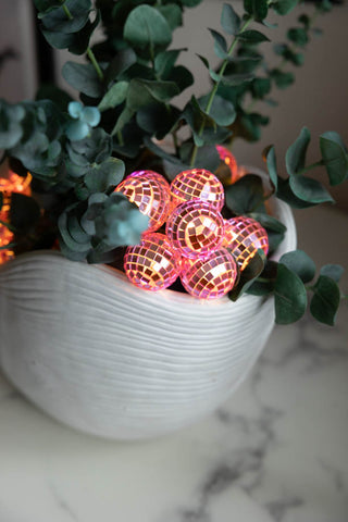 Lit fairy lights in a white shell planter
