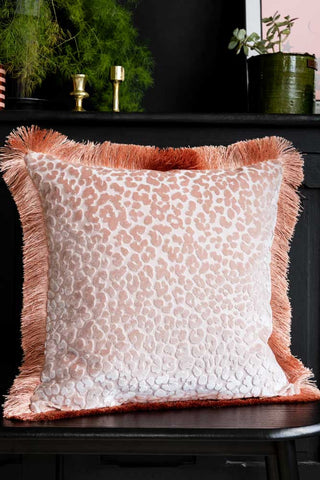 The Blush Pink Leopard Velvet Cushion with Fringe Trim styled on a bench with some plants and accessories in the background.