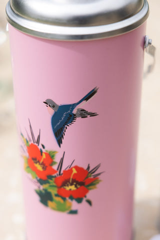 Detail of the design on the Pink Painted Bird Decorative Flask.