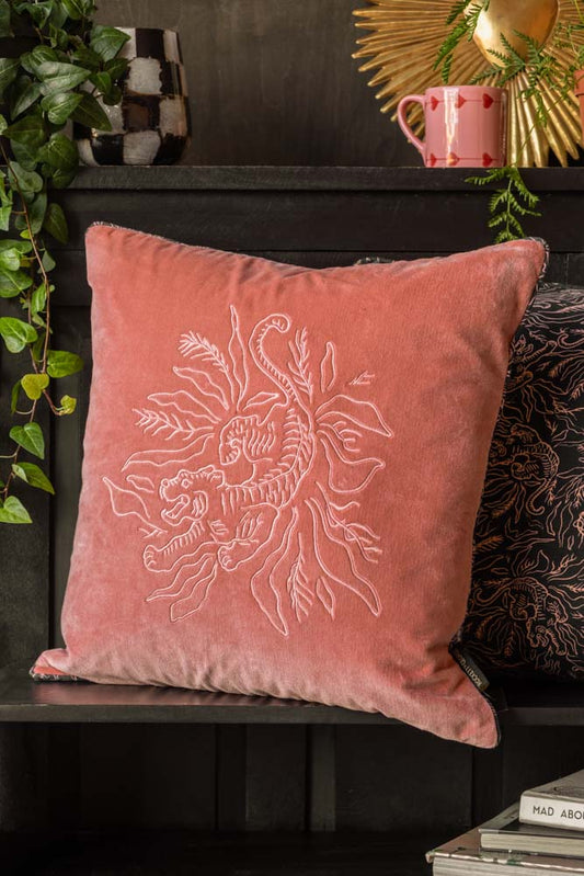 Pink Velvet Embroidered Tiger Cushion Cover