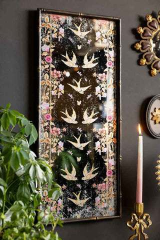 Lifestyle image of the Beautiful Birds & Pink Flowers Decorative Mirror