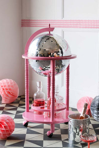 Lifestyle image of the Pink & Silver Disco Ball Drinks Trolley Cart