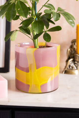 The Pink & Yellow Abstract Glass Vase shown as a plant pot with a leafy green plant. 