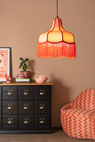 Lifestyle image of the Pink & Red Tassel Edge Ceiling Light
