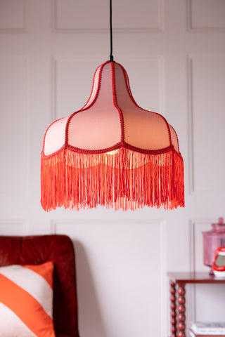 Lifestyle image of the Pink & Red Tassel Edge Ceiling Light
